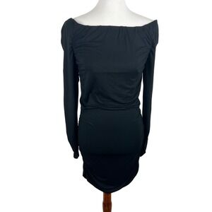Omai Black Long Sleeve Off Shoulder Ruched Bodycon Dress Date night Party LBD‎